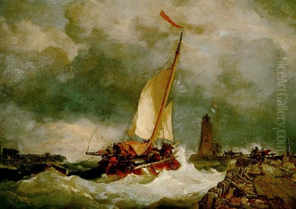 Dutch Pilots Warping Their Craft Out Of Harbour In Rough Weather Oil Painting by Edward William Cooke