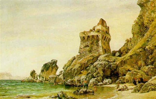 A View Of The Martello Tower, Erchia, The Gulf Of Salerno With Fishermen Hauling In Their Nets Oil Painting by Edward William Cooke