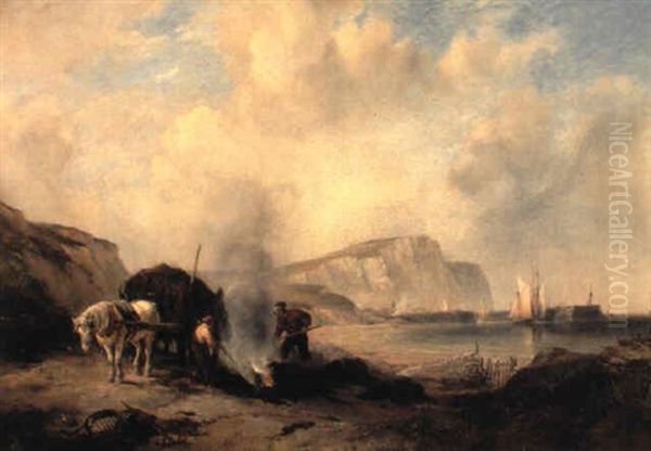 Figures Burning Seaweed On The Beach With A Harbor And Cliffs Beyond Oil Painting by Edward William Cooke