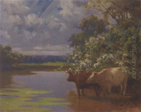 Cattle Watering At The Banks Of The River Oil Painting by Ernest O. Cooke