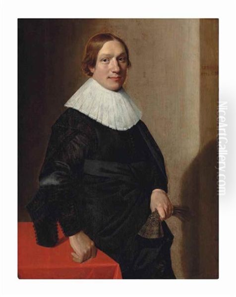 Portrait Of A Gentleman, Three-quarter-length, In A Black Doublet And Cloak, With A Ruff, His Right Hand Resting On A Table And A Glove In His Left Hand Oil Painting by Jan Daemen Cool