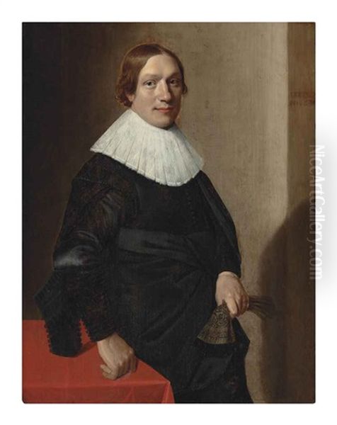 Portrait Of A Man, Half-length, In A Black Doublet And Cloak, With A Ruff, Resting His Right Hand On A Table And Holding A Glove Oil Painting by Jan Daemen Cool