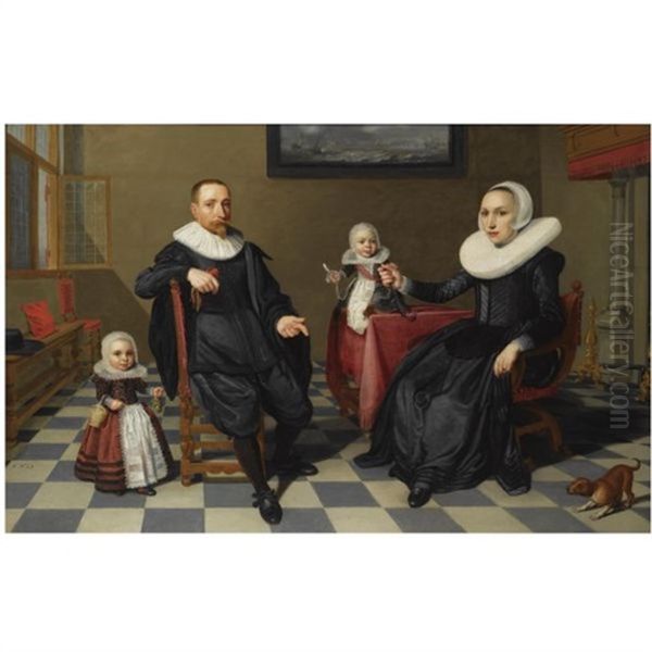 A Portrait Of A Gentleman And His Wife Seated At A Table With Their Two Young Children, In An Interior With A Marine Painting On The Wall In The Background Oil Painting by Jan Daemen Cool