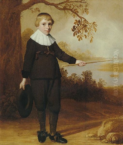 Portrait Of A Seven-year-old Boy In A River Landscape Oil Painting by Jan Daemen Cool