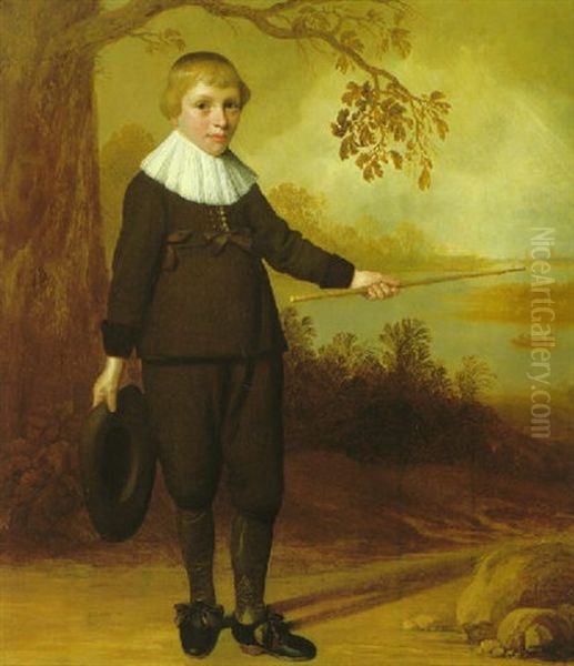 Portrait Of A Seven Year Old Boy In A River Landscape Oil Painting by Jan Daemen Cool