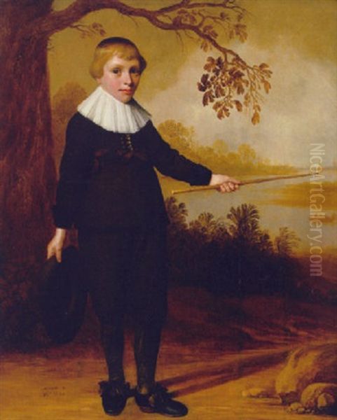 Portrait Of A Boy, Aged Seven, In A Brown Costume, A Hat In His Right Hand And A Stick In His Left, Indicating A River Landscape Beyond Oil Painting by Jan Daemen Cool