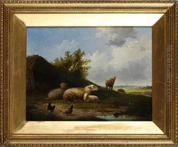 Sheep And Hens In A Field Oil Painting by Auguste Coomans