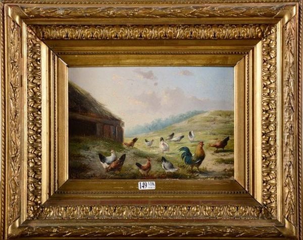 Coq Et Poules Au Pre Oil Painting by Auguste Coomans