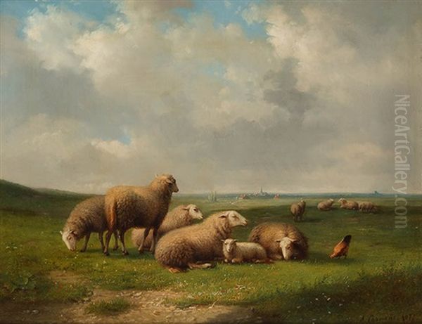 Schafherde Auf Der Weide Vor Einer Stadtsilhouette Oil Painting by Auguste Coomans