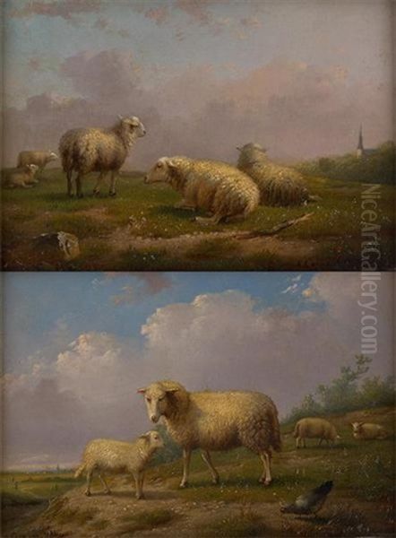 Moutons Dans Un Paysage (+ Another; 2 Works) Oil Painting by Auguste Coomans