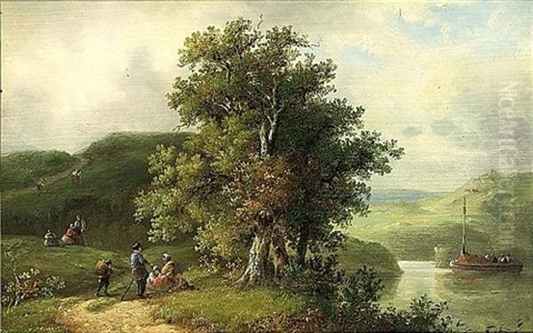 A Summer Landscape With Figures Resting (+ A Winter Landscape; Pair) Oil Painting by Auguste Coomans