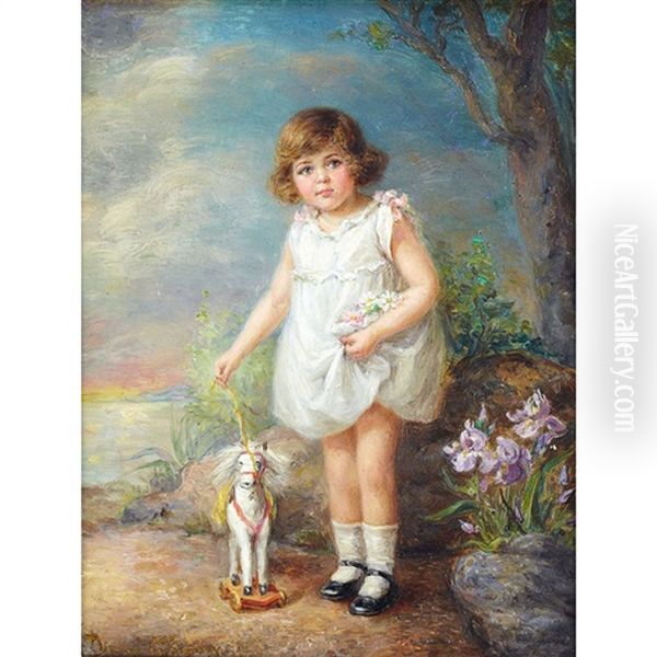 My Little Horse (portrait Of The Artist's Granddaughter Oil Painting by Diana Coomans