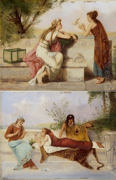 Die Brieftaube (+ Das Flotenspiel; Pair) Oil Painting by Joseph Coomans