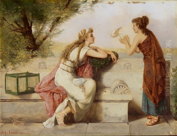 Die Brieftaube (+ Das Flotenspiel; 2 Works) Oil Painting by Pierre Olivier Joseph Coomans