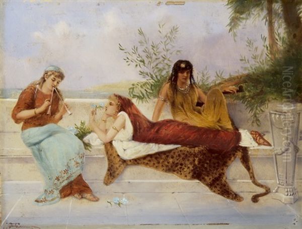 Das Flotenspiel (+ Die Brieftaube; Pair) Oil Painting by Pierre Olivier Joseph Coomans