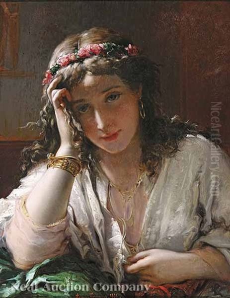 A Young Dark-haired Beauty Oil Painting by Pierre Olivier Joseph Coomans