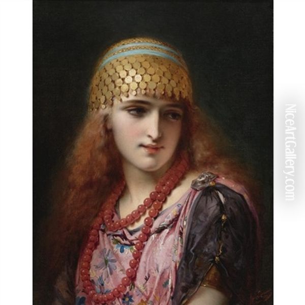 An Oriental Beauty Oil Painting by Pierre Olivier Joseph Coomans