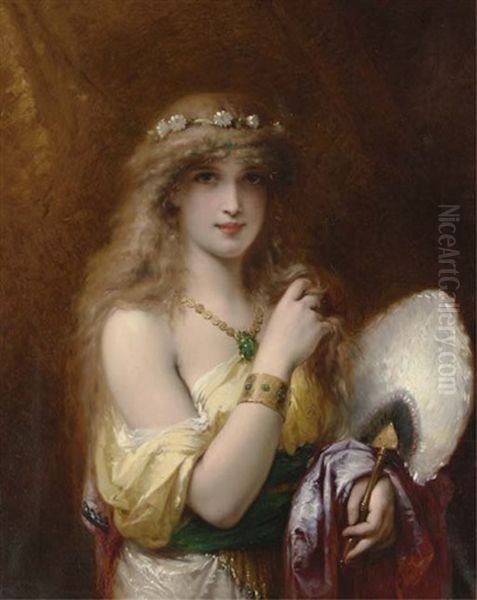 A Young Beauty Holding A Fan Oil Painting by Pierre Olivier Joseph Coomans