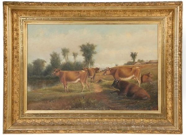 Pastoral Scene Of Cows On Path Next To Pond, With Distant Village (probably Auburn) Oil Painting by Delbert Dana Coombs