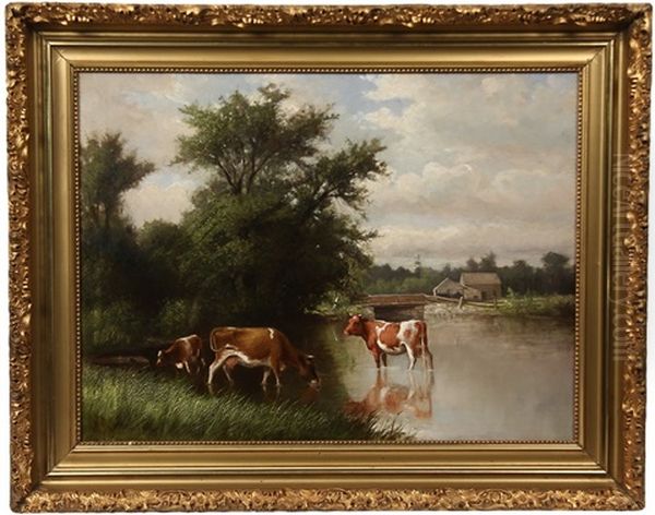 Pastoral Scene With Three Cows In River Near Bridge Oil Painting by Delbert Dana Coombs