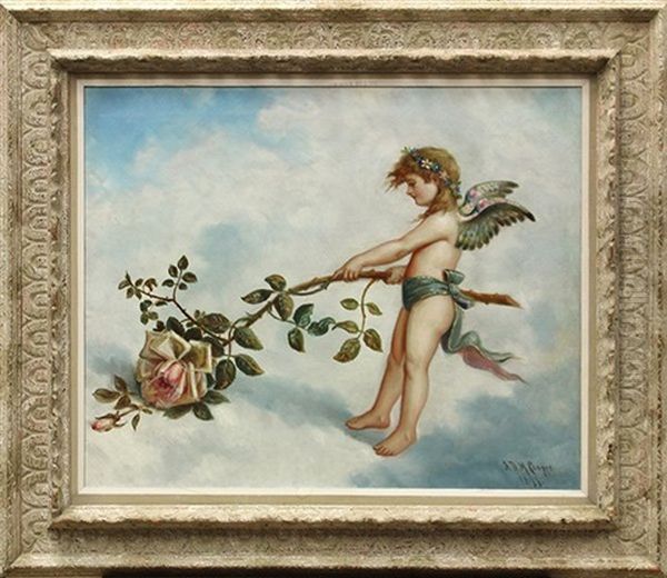 Cherub With Rose Branch Oil Painting by A.D.M. Cooper