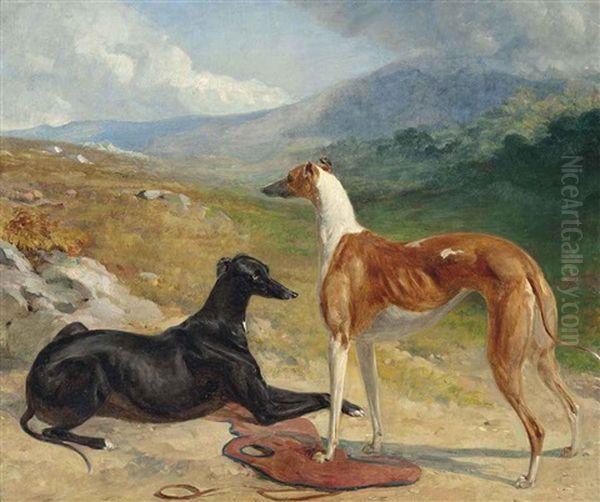 Two Prize Greyhounds In An Extensive Landscape Oil Painting by Abraham Cooper