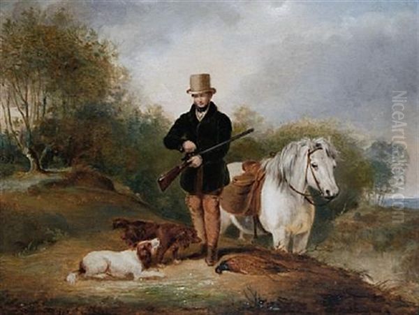 Sportsman With Pony, Spaniels And Dead Pheasant Oil Painting by Abraham Cooper