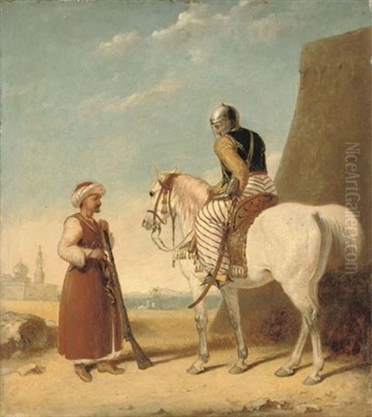 Two Mameluke Soldiers, One On A Horse, Outside A Walled Town Oil Painting by Abraham Cooper