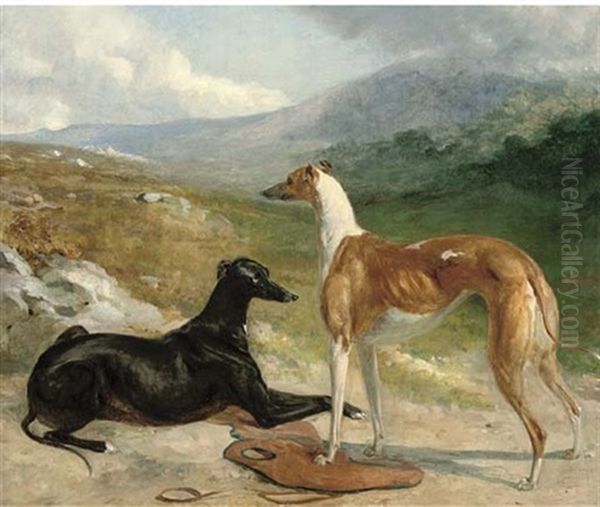 Two Prize Greyhounds In An Extensive Landscape Oil Painting by Abraham Cooper