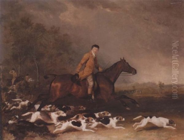 Portrait Of Thomas Oldachre Mounted On A Chestnut Hunter With Hounds In A Landscape Oil Painting by Abraham Cooper