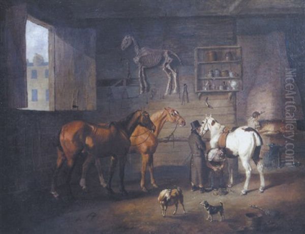 The Smithy: An Interior With Figures, Horses, A Goat And A Dog, And A Horse Skeleton Mounted Upon The Wall Oil Painting by Abraham Cooper