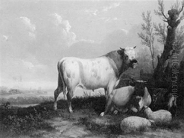 Cattle And Sheep By A Tree Oil Painting by Abraham Cooper