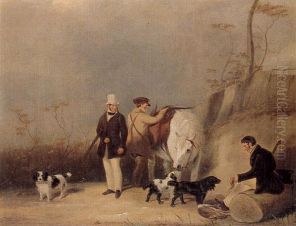 Sportsmen In A Landscape With Spaniels And Game Oil Painting by Abraham Cooper