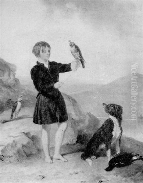 A Boy With Falcons, A Spaniel And Game In A Highland Landscape Oil Painting by Abraham Cooper