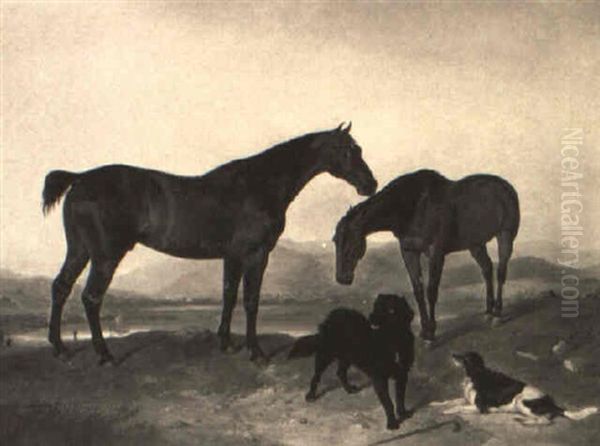 Two Bay Hunters With Hounds In A Landscape Oil Painting by Abraham Cooper