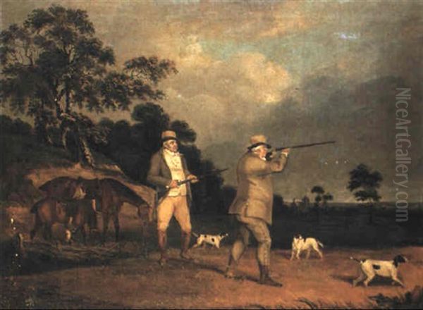 Gentleman Partridge Shooting With Pointers, In A Landscape Oil Painting by Abraham Cooper