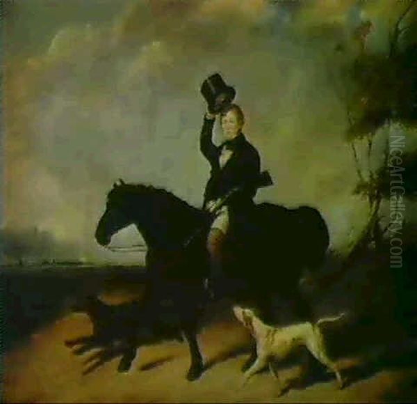 A Gentleman Out Shooting On A Black Pony With His Dogs by Abraham Cooper