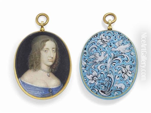 Christina (1626-1689), Queen Of Sweden, In Blue Off-the-shoulders Dress With Gem-set Brooch At Corsage, Pearl Necklace, Fair Curling Hair Oil Painting by Alexander Cooper