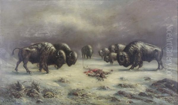 Buffalo Tribute To Fallen Indian Oil Painting by Astley David Middleton Cooper