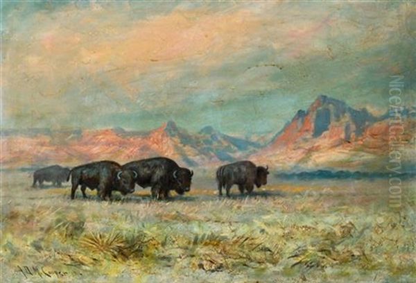 Landscape With Grazing Buffalo, 1916 Oil Painting by Astley David Middleton Cooper