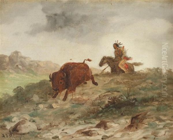 American Indian Chasing Bison Oil Painting by Astley David Middleton Cooper