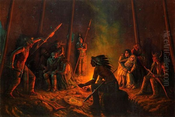 Frontiersman And His Daughter Held Captive Inside Indian Tent Oil Painting by Astley David Middleton Cooper