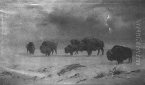 Panoramic Landscape With Buffalo And Native American by Astley David Middleton Cooper