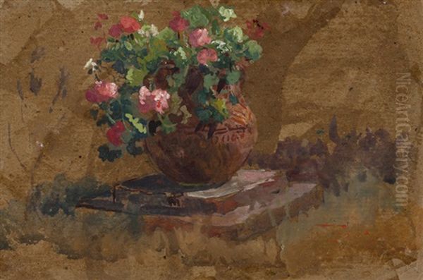 Still Life Of Terracotta Pot With Flowers Oil Painting by Colin Campbell Cooper