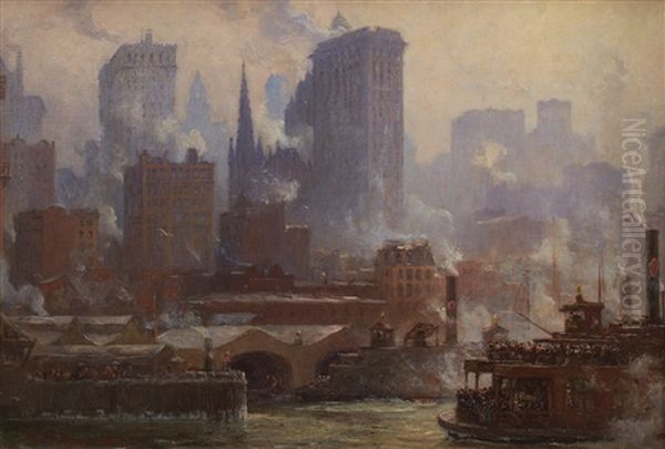 The Wall Street Ferry Slip (the Ferries, New York) Oil Painting by Colin Campbell Cooper