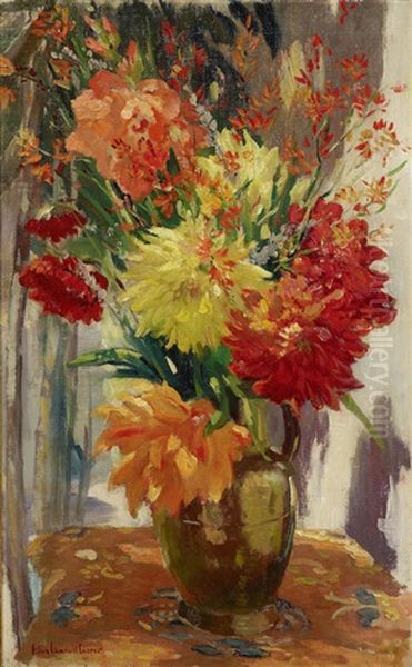 Floral Still Life (mums And Crocosmia) Oil Painting by Colin Campbell Cooper