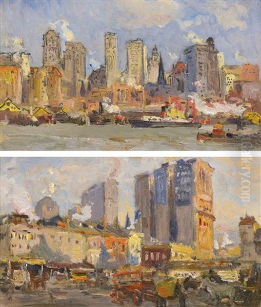 New York From The Pennsylvania Railroad Ferry & West Street Near The Courtland Ferries: A Pair Of Works Oil Painting by Colin Campbell Cooper