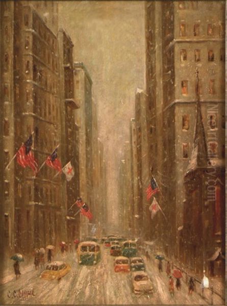 New York Winter Street Scene Oil Painting by Colin Campbell Cooper