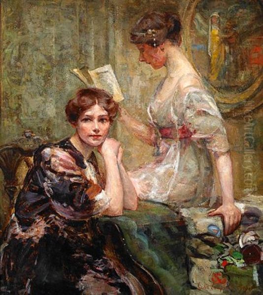 Two Women In An Interior Oil Painting by Colin Campbell Cooper