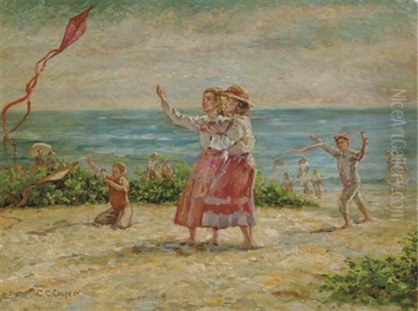 Children Flying Kites At The Seashore Oil Painting by Colin Campbell Cooper